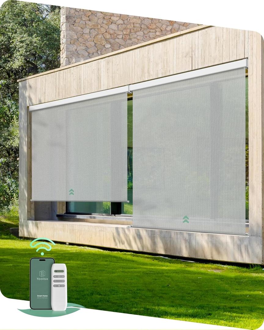 Yoolax Motorized Outdoor Shades Smart Retractable Patio Screens Compatible with Alexa Google, Remote Control Blinds for Porch Patio Waterproof Roller Shades 4X6ft (3% Openness Paine Grey)