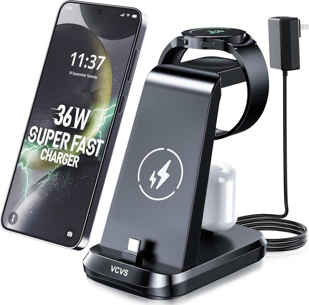 3 in 1 Charging Station for Samsung Devices, 36W Super Fast Charger Via USB C, Galaxy Watch Charger for Samsung Galaxy Watch Ultra/7/6/5/4/3, Galaxy S24/S23/S22/S21/Note20/Z Flip 5/Fold 5, Buds2/Pro