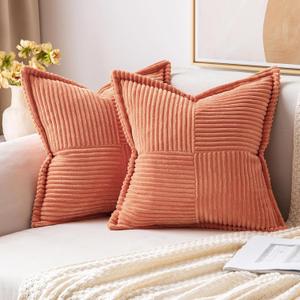 MIULEE Decorative Throw Pillow Covers for Couch Bed Livingroom 18x18 Inch Set of 2 Coral Red Boho Accent Throw Pllows Broadside Striped Patchwork Soft Corduroy Summer Pillowcases