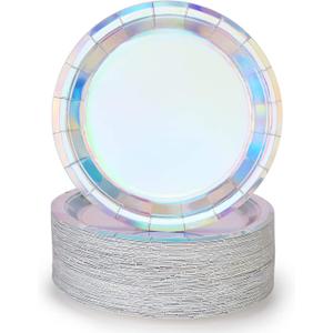 Iridescent Paper Plates 9 Inches [50 pack] Round Disposable Dinner Paper Plates for Cakes Salad Pizza Holographic Rainbow Silver Decorations Party Supplies for Events Wedding Anniversary Christmas