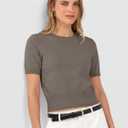 ANRABESS Womens Short Sleeve Sweaters Cropped Crew Neck Business Casual Lightweight Sweater Tops 2026 Spring Summer Outfits (Brown, L)