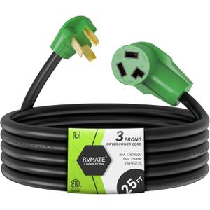 RVMATE 3 Prong Dryer Extension Cord 25 Feet, 30 Amp NEMA 10-30P to 10-30R 125V/250V Waterproof PVC Jacket, Perfect for Dryer Power Extension, ETL Listed