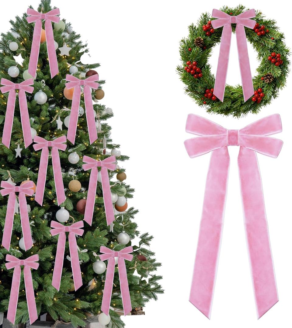 15 Pcs Pink Velvet Ribbon Bows Valentines Day Decorations for Tree 5in x 10in x 1in Vintage Velvet Bows for Christmas Tree Coquette Room Wreath Garland Birthday Wedding Party Decor (Pink)