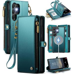 Defencase for Samsung Galaxy S25 Ultra Magnetic Wallet Case Compatible with Magsafe with RFID Blocking Zipper & Card Holder Women, PU Leather Detachable Phone Case for Galaxy S25 Ultra 6.9, Blue Green