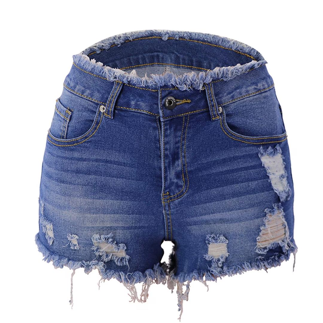 Women's Casual High Waisted Summer Denim Shorts Frayed Hem Stretch Slim Fit Ripped Destroyed Jean Shorts, Size L