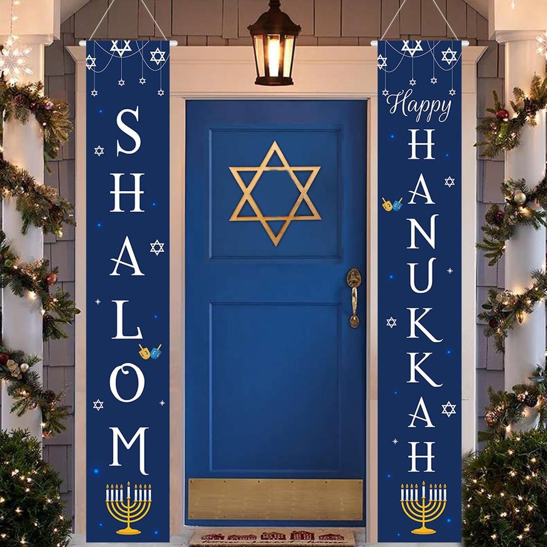 Hanukkah Decorations, Chanukah Door Decoration Banner, Blue Hanukah Banners, Hanukkah Hanging Sign for Home Outdoor Indoor Wall Front Door Decor