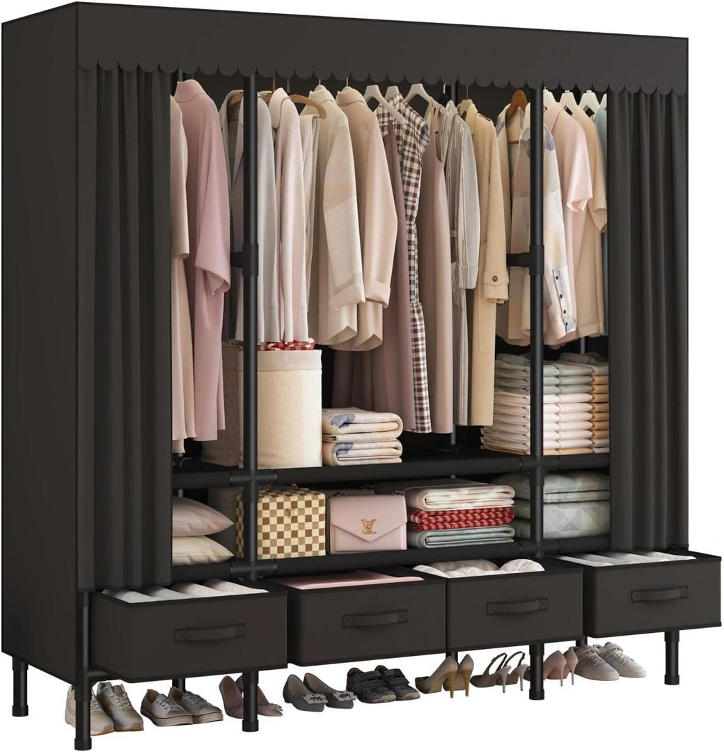 Portable Closets for Hanging Clothes,Clothes Rack with Cover,Portable Wardrobe Closet with 3 Hanging Rods, 6 Storage Shelves and 4 Drawers,55.1" L x 17.7" W x 67.7" H,Black