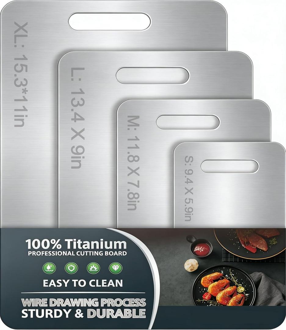 Titanium Cutting Board Set of 4 for Kitchen, 100% Pure Titanium Double-Sided Cutting Boards, Safe Metal Chopping Boards for Meat, Fruit & Vegetables, Easy to Clean