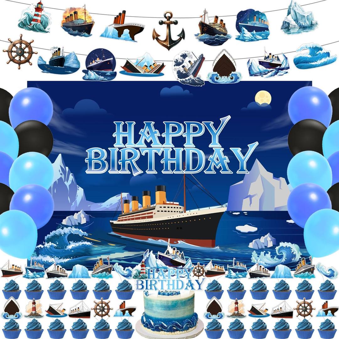 59 Pcs Nautical Birthday Party Supplies, Ocean Themed Party Decoration with Backdrop, Balloons, Cake Cupcake Topper