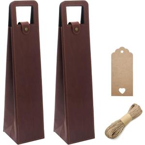 DIWNELEM 2 Pack Leather Wine Bag - Gift Bags for Wine, Champagne, Beer Bottles - Tote Carrier for Travel, Parties - Brown