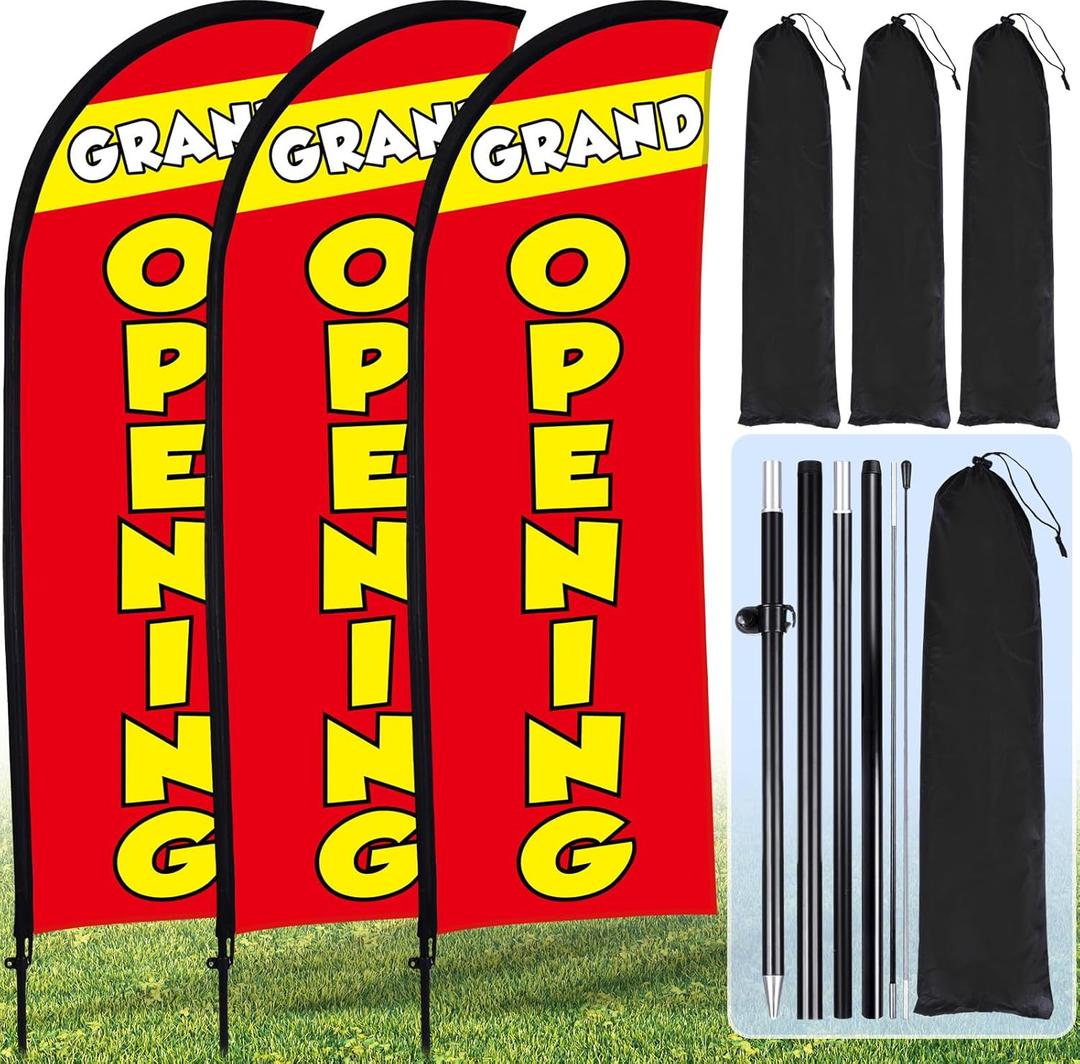 Buryeah 3 Sets Grand Opening Feather Flag Pole Kit 7ft Grand Opening Swooper Flags Banners Advertising Sign Pole Kit Ground Stake and Portable Bag for Retail Store Outside Business Advertising (Red)