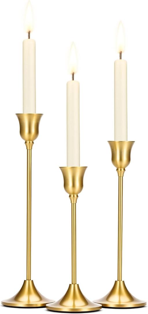 Tifanso Taper Candle Stick Holder - 3PCS Brass Gold Pillar Tall Candlestick Holders Metal Vintage Decor Dinner Table Dining Room Centerpieces Decorations for Wedding Fireplace Mantel Housewarming Gift