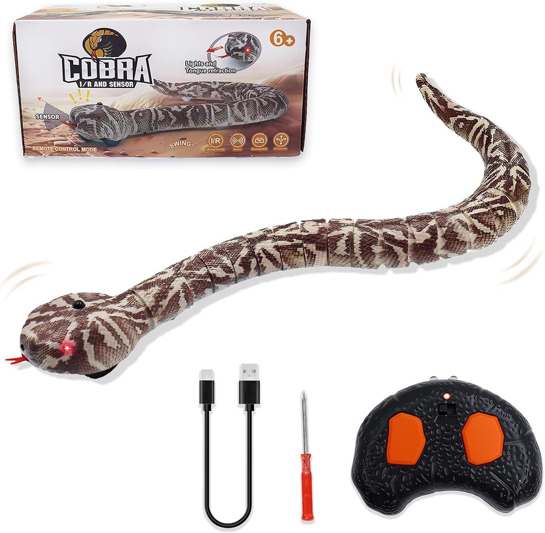 Remote Control Snake Toy, Realistic RC Rattlesnake Fast Moving Electric Fake Snake Toy Remote & Auto-Sensing Modes, Electronic Animal Scary Trick Prank Christmas for Kids Boys Cats Dogs (Light Brown)