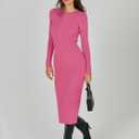 ANRABESS Women Long Sleeve Sweater Dress Crewneck Bodycon Stretch Slim Fit Ribbed Knit Midi Dresses 2025 Fall Trendy Outfits Hot Pink X-Large (Pink, XL)