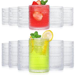 Vintage Hobnail Glasses Drinking Set of 12, 12 oz Highball Glasses & 10 oz Cocktail Glasses, Clear Embossed Water Glasses Cup, Kitchen Bar Glassware Set for Beer, Juice, Cocktail,Whiskey and Milk