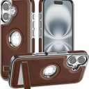 PULOKA for iPhone Leather Covered Phone Case with Kickstand Phone Cases (Brown, iPhone 16)