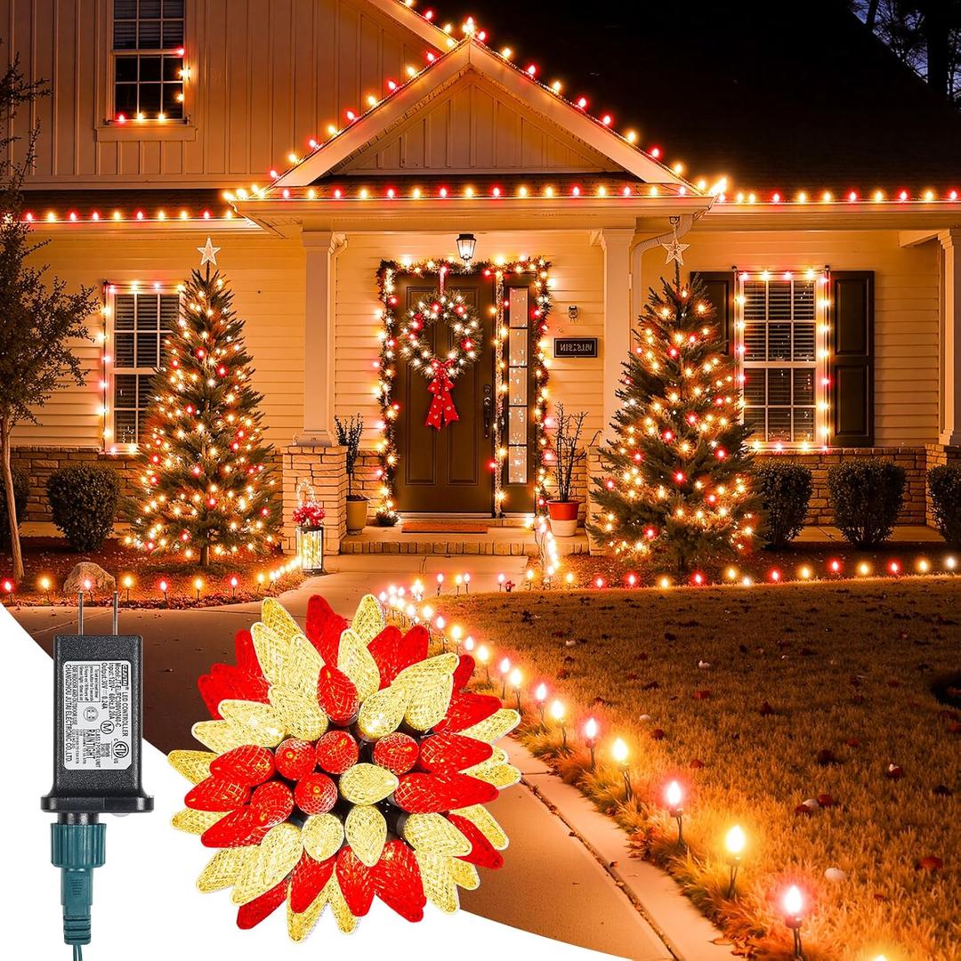 Minetom C9 Christmas Lights Outdoor, 88FT 110LED String Lights with 8 Mode, Waterproof Connectable UL Certified C9 Christmas Decorations for Indoor Outdoor Patio Roofline Decor RedWarm White