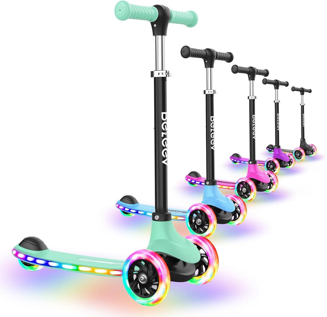 BELEEV A6 Kids Scooter with LED Light-Up Wheels & Deck, 3 Wheel Kick Scooter for Toddlers Girls Boys Ages 3-8, 4 Adjustable Handlebar, Lean to Steer, Non-Slip Deck, Lightweigh Scooter for Children (Green)