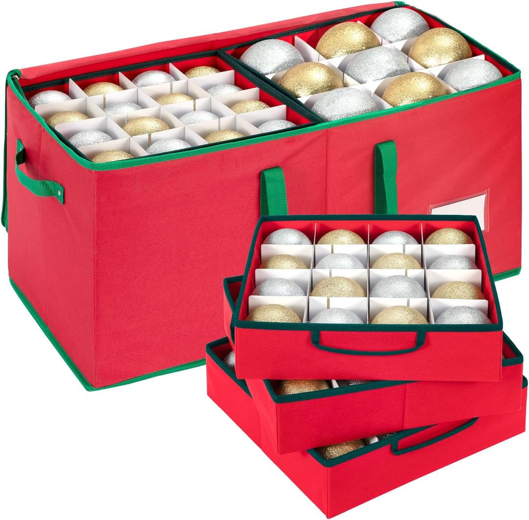 Large Christmas Ornament Storage Box With Adjustable Dividers,Ornament Storage Container with 8 Removable Trays for 128 Holiday Decorations,Red
