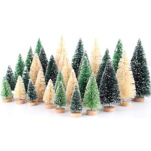 30Pcs Mini Christmas Trees - Artificial Christmas Tree Bottle Brush Trees with 5 Sizes, Snow Trees with Wooden Base for Christmas Party Home Table Craft Decor (GrassGreen+Green+White)