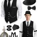 1920s Mens Costume, Roaring 20s Costumes for Men, Fedora Hats for Men 1920S Mens Outfit with Hat, Vest,Pocket Watch (XX-Large, Black)