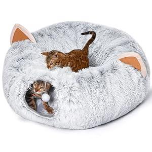 NEZIN Cat Tunnel with Bed for Indoor Cats, Under Christmas Tree Plush Peekaboo Cat Cave, Multifunctional Donut Tunnel Playground Toys for Cats Kitten