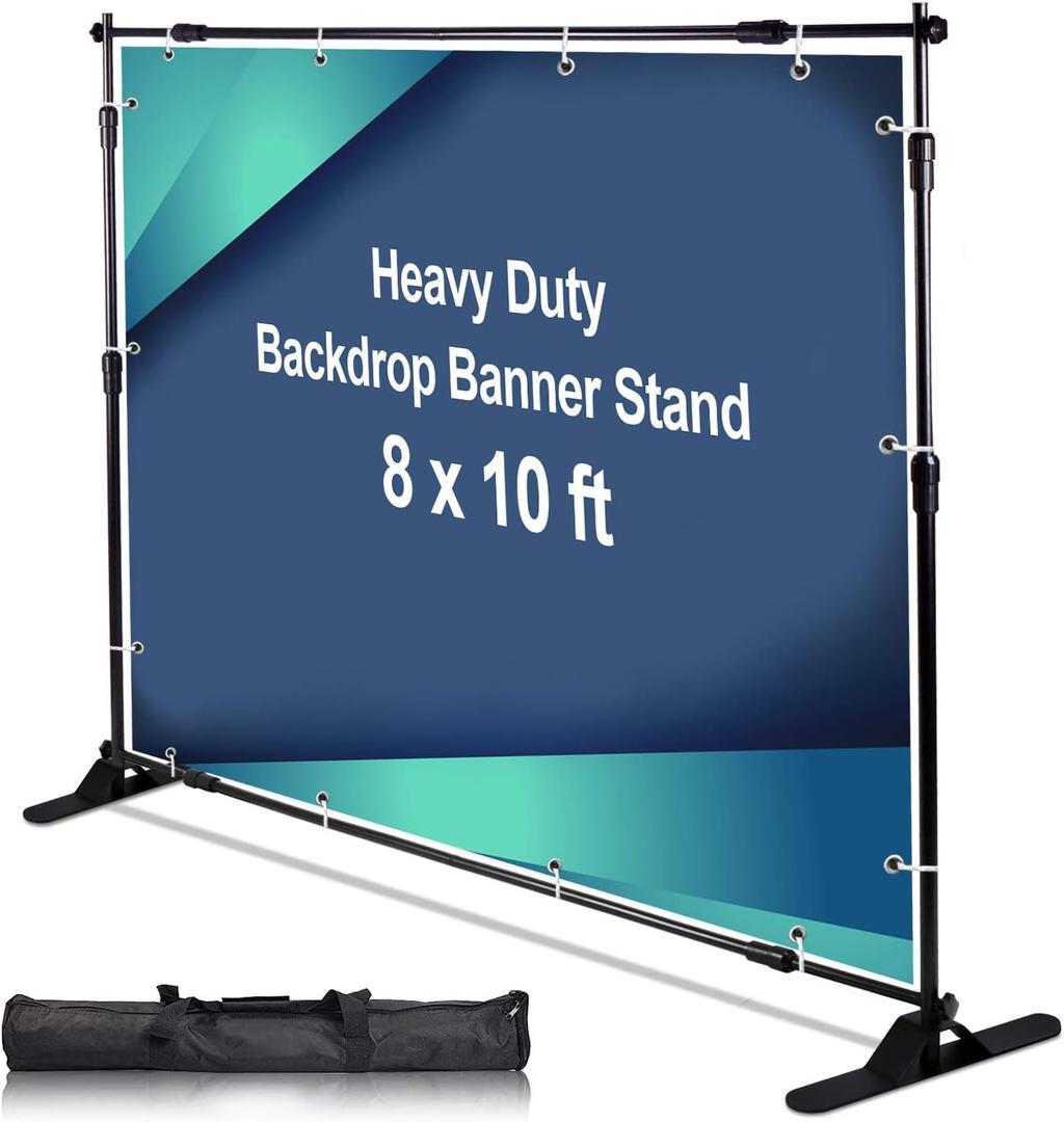 AkTop 10 x 8 ft Heavy Duty Backdrop Banner Stand Kit, Adjustable Photography Step and Repeat Stand for Parties, Portable Trade Show Photo Booth Background with Carrying Bag (10'8')