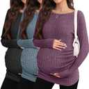 3 Pack Maternity Sweaters Long Sleeve Ribbed Maternity Shirts Lightweight Stretch Pregnancy Tops Winter Layering (Small, Purple, Blue, Black)