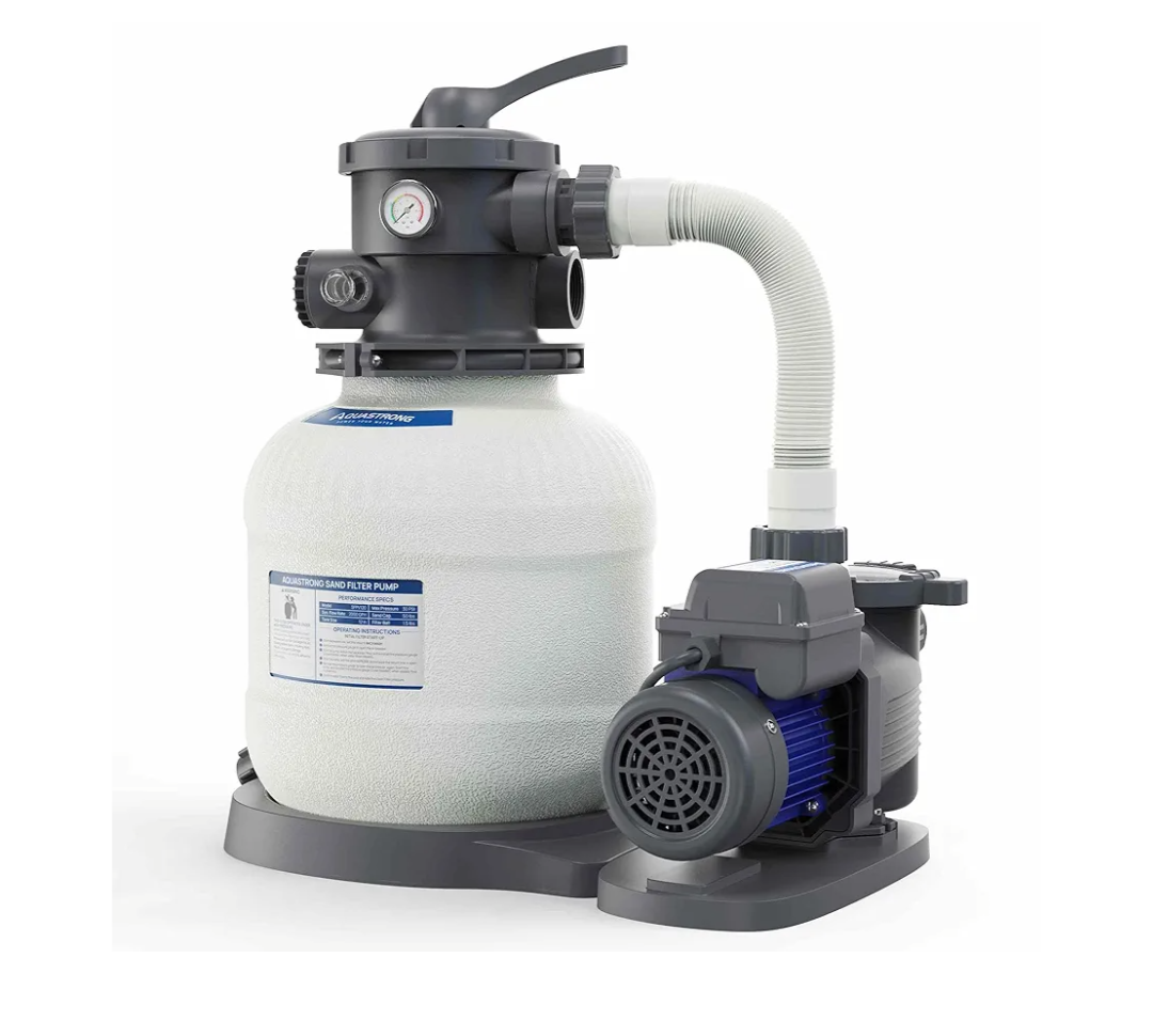 AQUASTRONG Sand Filter Pump for Above Ground Pool with Timer, 2/3 HP Pool Pumps Above Ground 2200 GPH for Pools up to 9000GAL,12in Pool Filter with 6-Way Valve, Improved Circulation and Filtration