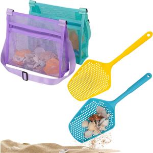 Beach Mesh Shovel with Mesh Shell Bags Kids Filter Sand Scooper for Picking Up Shells Shark Tooth Sifter Dipper Beach Toys Accessories (Purple+green)