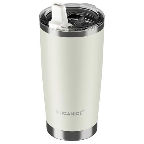 SILICANICE 20oz Hygienic Insulated Tumbler — 100% Leakproof Lid with Removable Spout & Straw, Reinforced Vacuum-Protection Base, Cup Holder Friendly, for Iced Coffee, Smoothie/Water on the Go - Cream