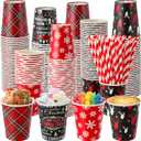 FoldTier 120 Set 9 oz Christmas Hot Cocoa Paper Cups Bulk Disposable Paper Coffee Tea Cups with Straws Christmas Hot Chocolate Bar Supplies for Tea Juice Xmas Party Holiday Drinkware (Classic)
