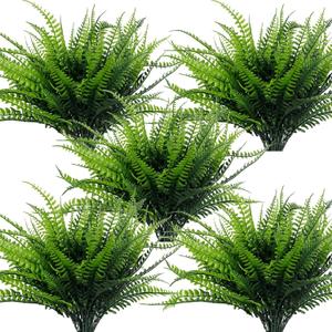 TURNMEON 8 Bundles Ferns Artificial Plants Outdoor Summer Decor, Artificial Flowers for Outdoors UV Resistant Fake Plants Plastic Faux Greenery Shrubs for Planter Porch Home Gardens Yards Spring Decor (8 Pack, Green)