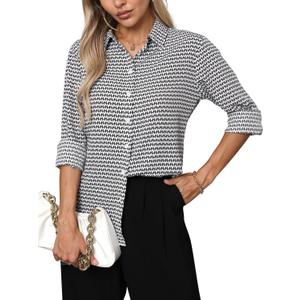 Wrinkle-Resistant Women Silky Button Down Shirts 2025 Fashion Printed Long Sleeve Blouse Dressy Casual Tops (X-Small, Black and White Pattern)