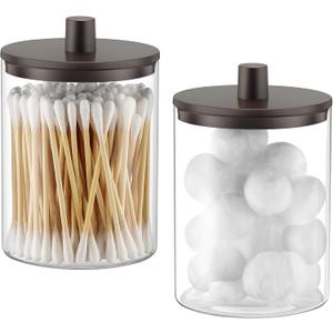 TIPGO Glass Qtip Holder Dispenser for Bathroom - 10 oz Clear Canister Apothecary Jar for Cotton Swabs, Balls, Pads, Floss Picks, Small Containers for Makeup Storage Organizer (2 Pack, Brown)
