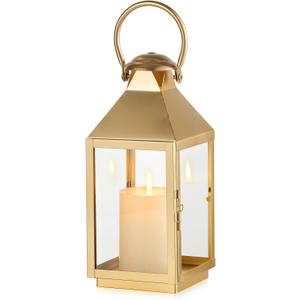 NUPTIO Gold Lanterns Decorative for Wedding: 11.2 Inch Tall Metal Lantern Decor with Glass - Outdoor Pillar Candle Holder for Table Centerpiece Dining Room Mantel Patio