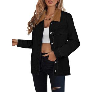 luvamia Jean Jacket Women Trendy Button Down Contrast Corduroy Collar Casual Loose Fit Denim Barn Jackets with Pockets (Large, Black)