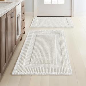 MIULEE Set of 2 Waffle Bathroom Rugs, Boho Bath Rug Super Absorbent, Non Slip Washable Ultra Soft Rubber Backed Shower Bath Mats for Floor, Tub, Shower, Looped Design, White, 17"x24"+18"x30"