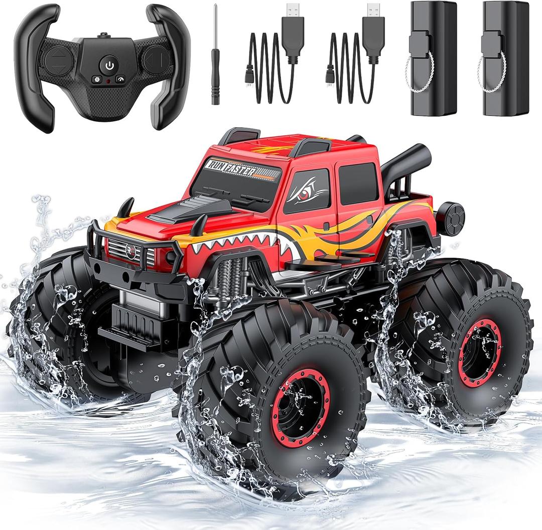 WayEee Amphibious Remote Control Car All Terrain RC Monster Truck Toys/Red | waterproof 4X4 monster truck off-road vehicles 2.4GHz remote control 1/18 Scale rc car toy for kids 6+ boys girls gifts