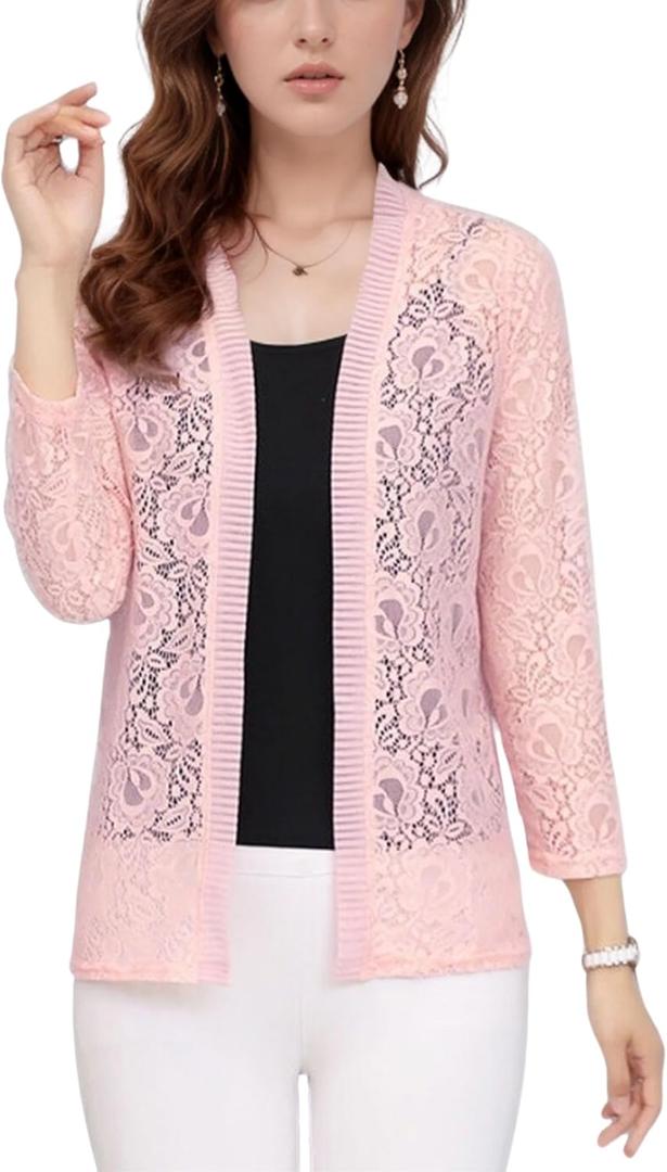 FindThy Womens 3/4 Sleeve Lace Cardigan Long Sleeve Open Front Floral Crochet Shrug Cover Up
(1325-Pink-M-aLB)