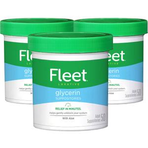 Fleet Glycerin Suppositories for Constipation Relief, Fast and Effective Stimulant-Free Laxative with Aloe Vera, 50 Count Jar, Pack of 3