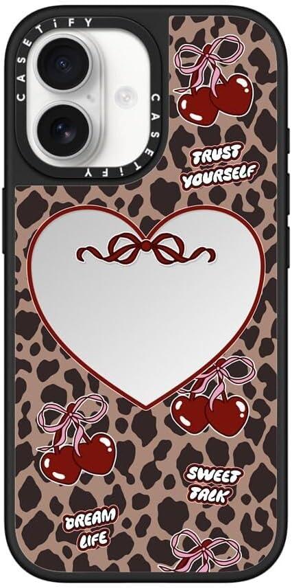 CASETiFY Mirror iPhone 17 Case [Reflective/Compatible with Magsafe / 4.9 ft. 1X Military Grade Drop Protection] - Leopard Cherries - Silver On Black