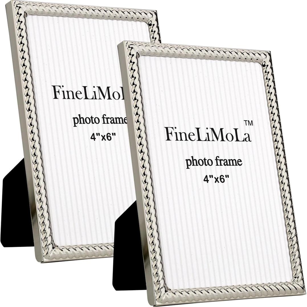 4x6'' Silver Rope Design Metal Picture Frames 2 Pack with Hi Quality Velvet Backing and Real Glass Front,Silver Photo Frame 6x4'' for Desktop Display Or Wall Hanging