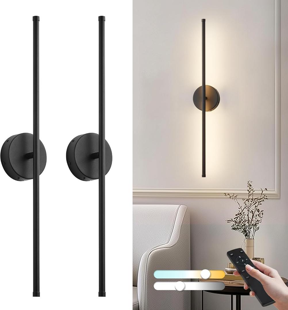 KARTOOSH Removable Battery Operated Wall Sconces with Remote Control 350Rotate LED Wireless Wall Lights with 3 Color Temperatures & Dimming for Bedroom, Hallway,24.4 Inch (2 Pack)