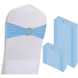 100PCS Spandex Stretch Chair Sashes Bows Elastic Chair Cover Bands Ties with Buckle Slider for Wedding Party Reception Events Universal Ceremony Banquet Decorations(Baby Blue)