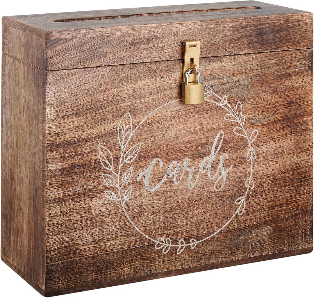 Wedding Card Box with Card Slit and Lock 12"X10"X4.5"- Gift Wishing Well Card Box for Weddings, Receptions, Birthdays, Graduations, Baby Showers, Honeymoon Funds LFBRNT (BURNT WOOD)