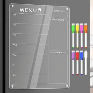 Acrylic Menu Board for Kitchen Weekly Meal Planner Magnetic Planning Board w/ 8 Markers, Clear Weekly Calendar for Fridge Refrigerator Dry Erase Board Noteboard to Do Grocery Shopping List, 12x9