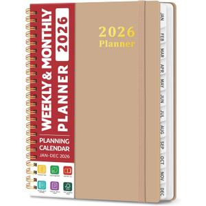 2026 Planner, Weekly and Monthly Calendar Planner, January 2026 - December 2026, Hardcover 2026 Calendar Book with Tabs For Women & Men, Inner Pocket, Spiral Bound, Perfect for Office Home School Supplies - A5 (6.3" x 8.5"), Oat Brown