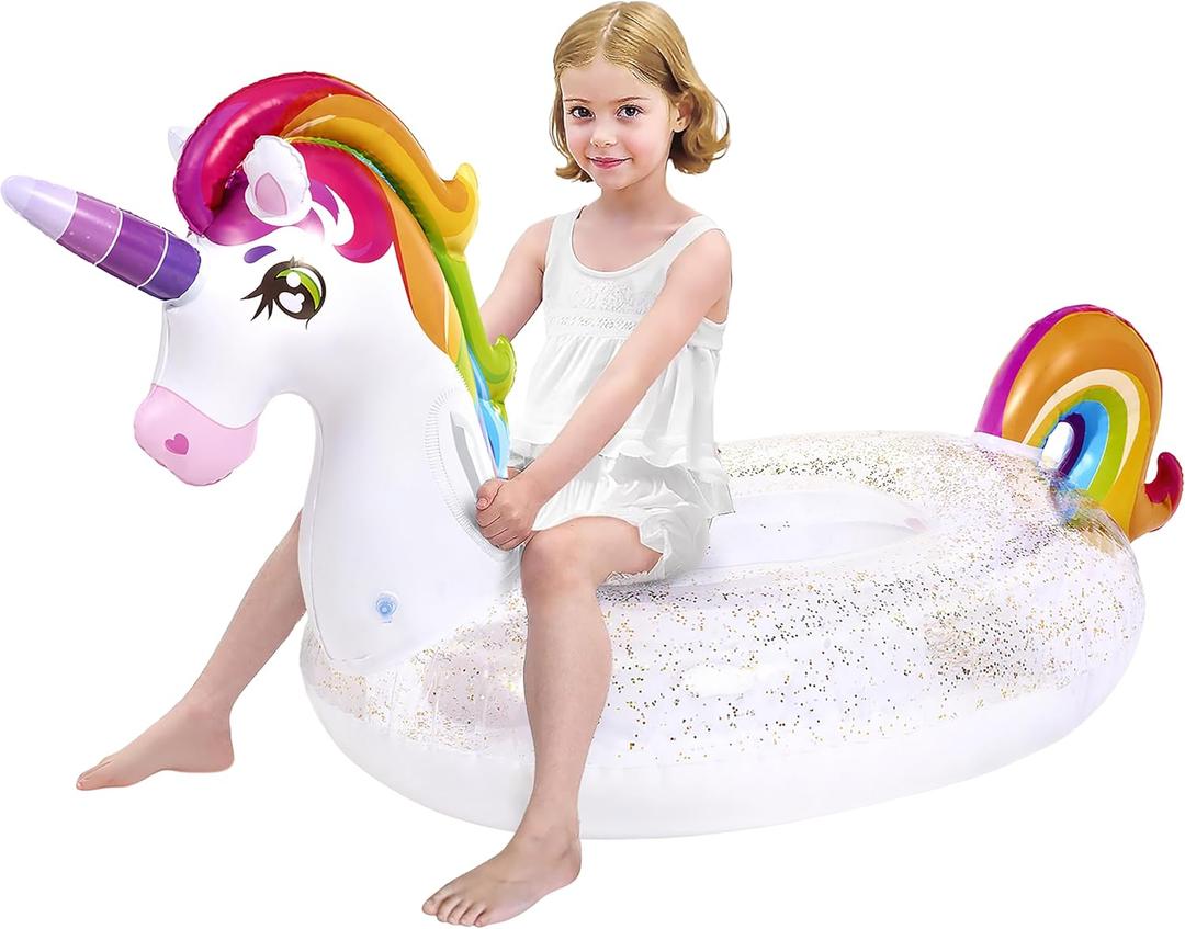 JOYIN Unicorn Pool Float Kids - Inflatable Rainbow Unicorn Floaty with Glitters Fun Floats, Ride On Beach Lake Floaties Raft Lounge, Party in Summer Decorations Pool Toys for Kids