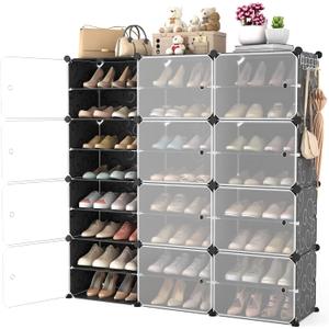 Portable Shoe Rack Organizer with Door, 48 Pairs Shoe Storage Cabinet Easy Assembly, Plastic Adjustable Shoe Organizer Stackable Detachable Free Standing Shoe Rack DIY Expandable 8 Tier Black